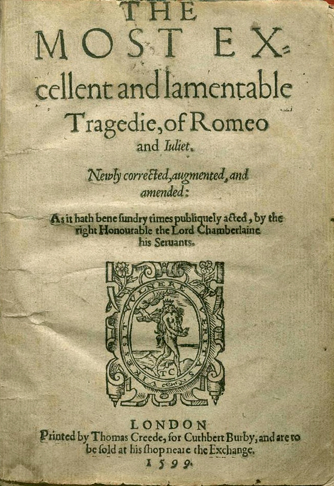 Romeo and Juliet 1599 second quarto title page - original historical publication